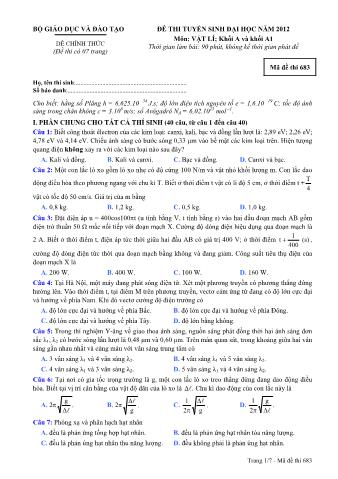 Đề thi tuyển sinh Đại học môn Vật lí - Khối A, A1 - Mã đề: 683 - Năm học 2012 (Có đáp án)