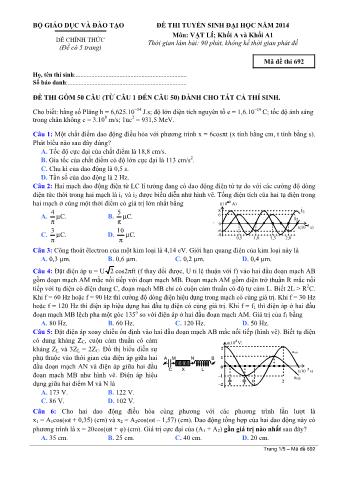 Đề thi tuyển sinh Đại học môn Vật lí - Khối A, A1 - Mã đề: 692 - Năm học 2014 (Có đáp án)