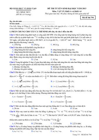 Đề thi tuyển sinh Đại học môn Vật lí - Khối A, A1 - Mã đề: 794 - Năm học 2013 (Có đáp án)