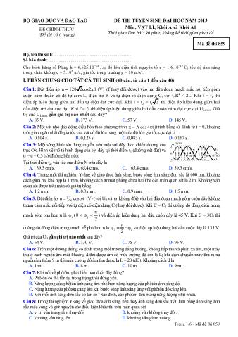 Đề thi tuyển sinh Đại học môn Vật lí - Khối A, A1 - Mã đề: 859 - Năm học 2013 (Có đáp án)