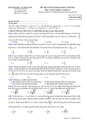Đề thi tuyển sinh Đại học môn Vật lí - Khối A, A1 - Mã đề: 958 - Năm học 2012 (Có đáp án)