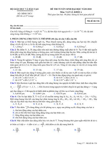 Đề thi tuyển sinh Đại học môn Vật lí - Khối A - Mã đề: 136 - Năm học 2010 (Có đáp án)