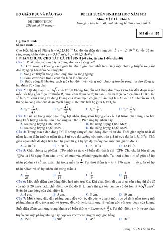 Đề thi tuyển sinh Đại học môn Vật lí - Khối A - Mã đề: 157 - Năm học 2011 (Có đáp án)