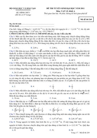 Đề thi tuyển sinh Đại học môn Vật lí - Khối A - Mã đề: 269 - Năm học 2011 (Có đáp án)