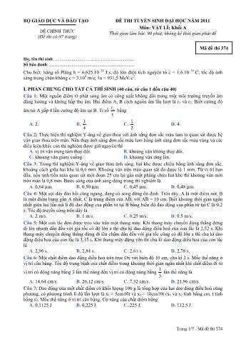 Đề thi tuyển sinh Đại học môn Vật lí - Khối A - Mã đề: 374 - Năm học 2011 (Có đáp án)