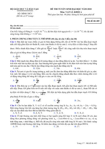Đề thi tuyển sinh Đại học môn Vật lí - Khối A - Mã đề: 485 - Năm học 2010 (Có đáp án)