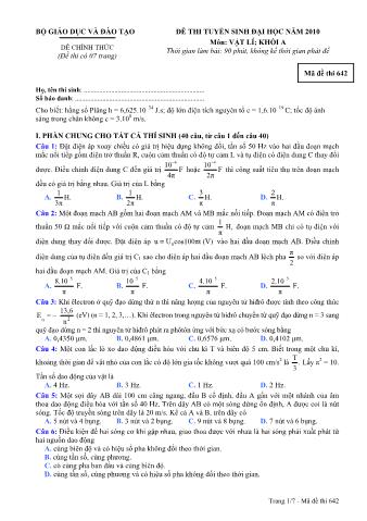 Đề thi tuyển sinh Đại học môn Vật lí - Khối A - Mã đề: 642 - Năm học 2010 (Có đáp án)