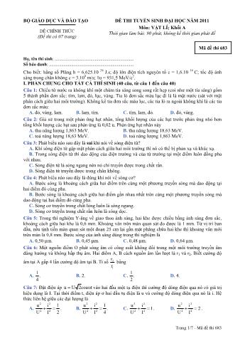 Đề thi tuyển sinh Đại học môn Vật lí - Khối A - Mã đề: 683 - Năm học 2011 (Có đáp án)