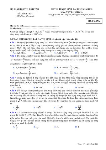 Đề thi tuyển sinh Đại học môn Vật lí - Khối A - Mã đề: 716 - Năm học 2010 (Có đáp án)