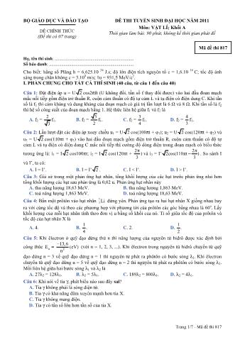 Đề thi tuyển sinh Đại học môn Vật lí - Khối A - Mã đề: 817 - Năm học 2011 (Có đáp án)