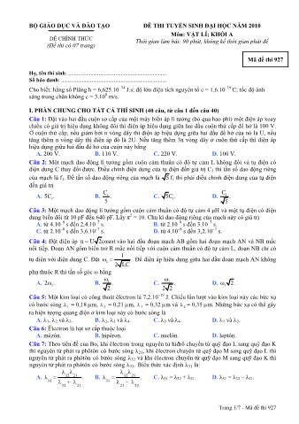 Đề thi tuyển sinh Đại học môn Vật lí - Khối A - Mã đề: 927 - Năm học 2010 (Có đáp án)
