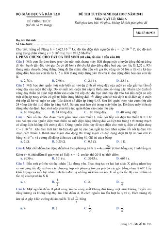 Đề thi tuyển sinh Đại học môn Vật lí - Khối A - Mã đề: 936 - Năm học 2011 (Có đáp án)