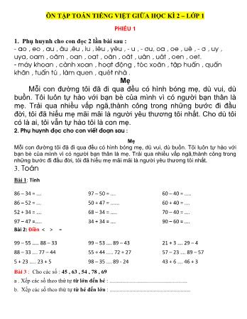 Ôn tập giữa học kì 2 môn Toán, Tiếng Việt Lớp 1