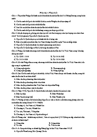 Ôn thi THPT Quốc gia Lịch sử 12 - Vấn đề 07: Phong trào dân tộc dân chủ (1919-1930) - Mức độ 1: Nhận biết (Có lời giải chi tiết)