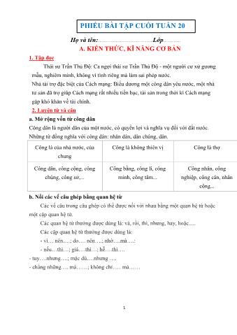 Phiếu bài tập cuối tuần môn Tiếng Việt Lớp 5 - Tuần 20