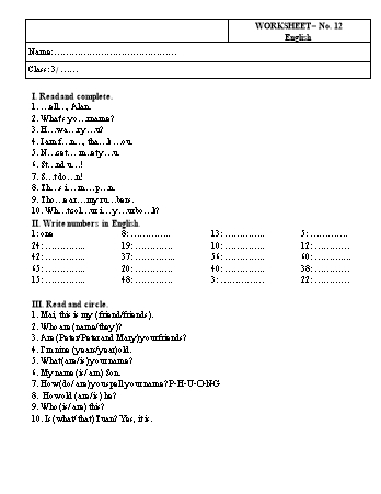 Phiếu bài tập Tiếng Anh Lớp 3 - Phiếu số 12