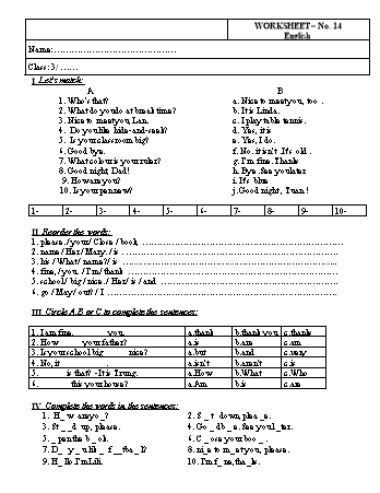 Phiếu bài tập Tiếng Anh Lớp 3 - Phiếu số 14