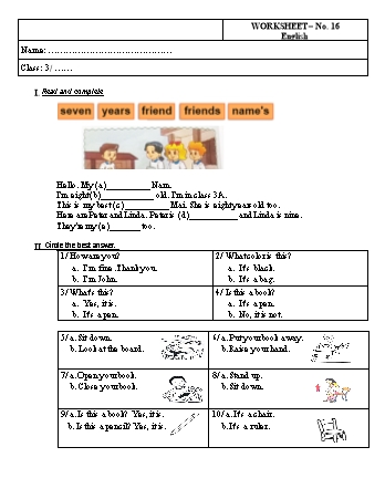 Phiếu bài tập Tiếng Anh Lớp 3 - Phiếu số 16