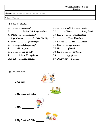 Phiếu bài tập Tiếng Anh Lớp 3 - Phiếu số 21