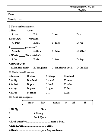 Phiếu bài tập Tiếng Anh Lớp 3 - Phiếu số 22