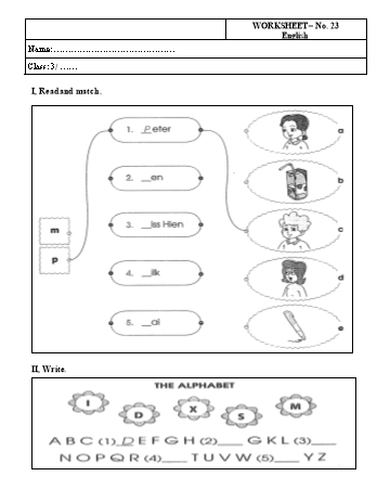Phiếu bài tập Tiếng Anh Lớp 3 - Phiếu số 23