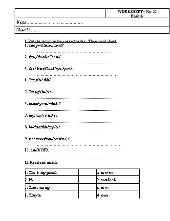 Phiếu bài tập Tiếng Anh Lớp 3 - Phiếu số 32