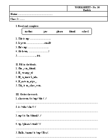 Phiếu bài tập Tiếng Anh Lớp 3 - Phiếu số 36