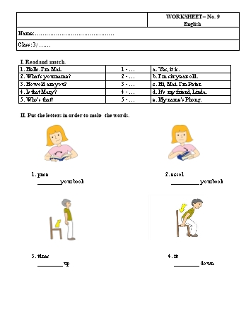 Phiếu bài tập Tiếng Anh Lớp 3 - Phiếu số 9