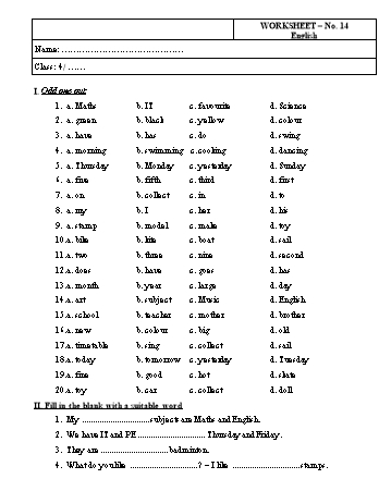 Phiếu bài tập Tiếng Anh Lớp 4 - Phiếu số 14