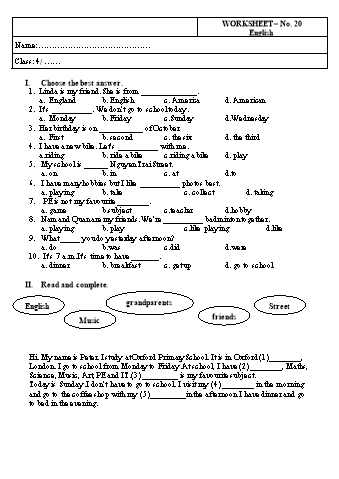 Phiếu bài tập Tiếng Anh Lớp 4 - Phiếu số 20