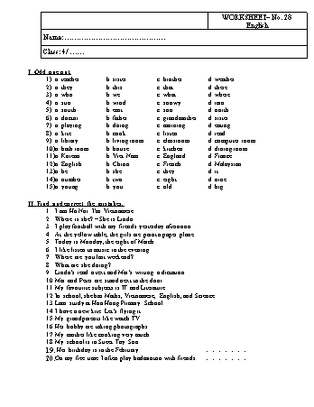Phiếu bài tập Tiếng Anh Lớp 4 - Phiếu số 28