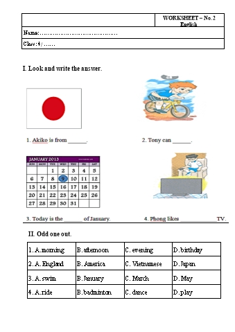 Phiếu bài tập Tiếng Anh Lớp 4 - Phiếu số 2