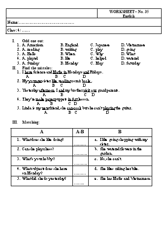 Phiếu bài tập Tiếng Anh Lớp 4 - Phiếu số 35