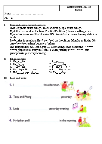 Phiếu bài tập Tiếng Anh Lớp 4 - Phiếu số 36
