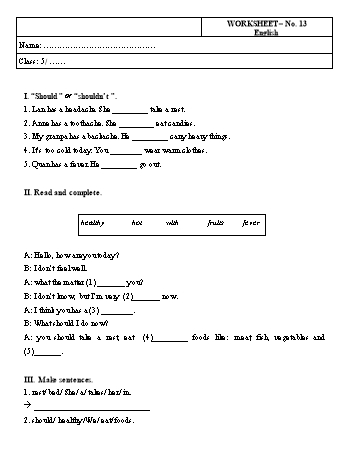 Phiếu bài tập Tiếng Anh Lớp 5 - Phiếu số 13