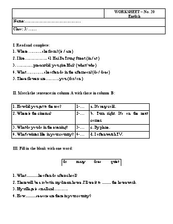 Phiếu bài tập Tiếng Anh Lớp 5 - Phiếu số 20