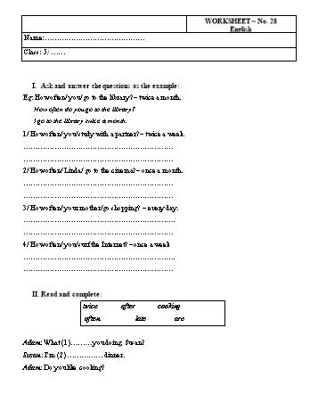 Phiếu bài tập Tiếng Anh Lớp 5 - Phiếu số 28