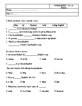 Phiếu bài tập Tiếng Anh Lớp 5 - Phiếu số 34