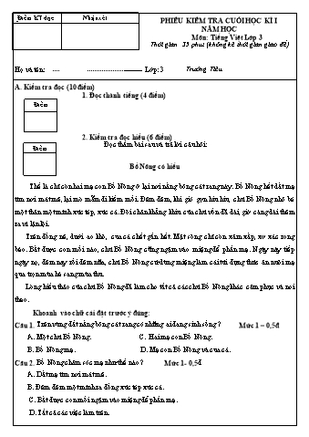 Phiếu kiểm tra cuối học kì I môn Tiếng Việt Lớp 3