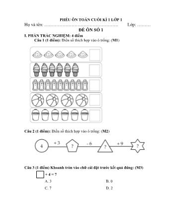 Phiếu ôn tập cuối học kì 1 môn Toán Lớp 1