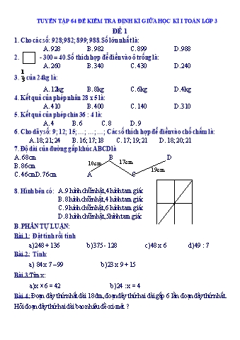 Tuyển tập 64 đề kiểm tra định kì giữa học kì I Toán Lớp 3