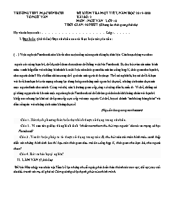2 Đề kiểm tra 1 tiết môn Ngữ văn 10 - Bài số 2 - Năm học 2019-2020 - Trường THPT Mạc Đĩnh Chi (Có đáp án + Ma trận)