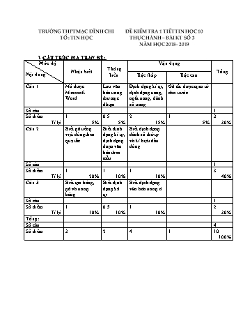 2 Đề kiểm tra 1 tiết môn Tin học 10 - Năm học 2018-2019 - Trường THPT Mạc Đĩnh Chi (Có đáp án + Ma trận)