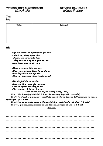 2 Đề kiểm tra 15 phút lần 2 môn Ngữ văn 10 - Năm học 2018-2019 - Trường THPT Mạc Đĩnh Chi (Có đáp án)