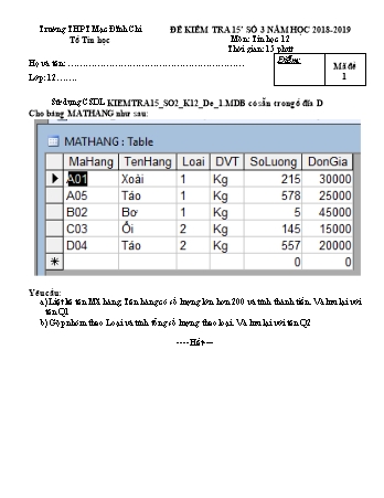 3 Đề kiểm tra 15 phút môn Tin học 12 - Năm học 2018-2019 - Trường THPT Mạc Đĩnh Chi (Có đáp án + Ma trận)
