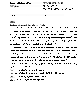 3 Đề kiểm tra 15 phút Ngữ văn Lớp 10 - Năm học 2019-2020 - Trường THPT Mạc Đĩnh Chi (Có đáp án)