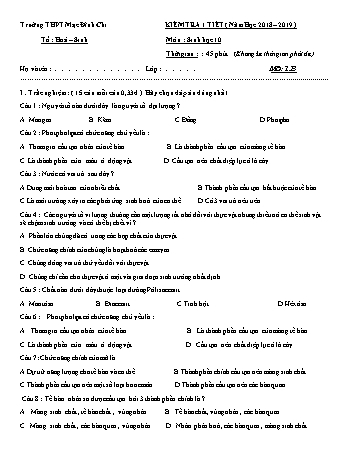 4 Đề kiểm tra 1 tiết môn Sinh học 11 - Năm học 2018-2019 - Trường THPT Mạc Đĩnh Chi (Có đáp án + Ma trận)
