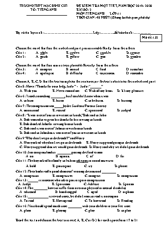 4 Đề kiểm tra 1 tiết môn Tiếng Anh Lớp 11 - Năm học 2019-2020 - Trường THPT Mạc Đĩnh Chi (Có đáp án + Ma trận)