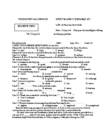 4 Đề kiểm tra chất lượng học kì 1 môn Tiếng Anh 10 - Năm học 2019-2020 - Trường THPT Mạc Đĩnh Chi (Có đáp án)