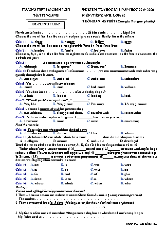 4 Đề kiểm tra học kì 1 Tiếng Anh 10  - Đề 132 - Năm học 2019-2020 - Trường THPT Mạc Đĩnh Chi (Có đáp án)